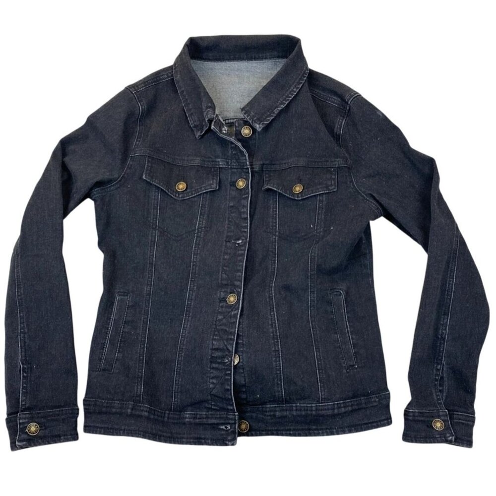 Women's Black Denim Jean Jacket Medium Stretch Fitted Classic Button Y2K